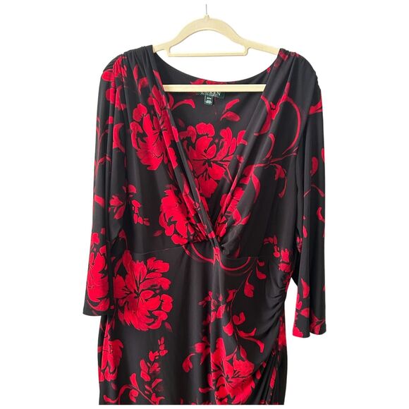 Lauren Ralph Lauren Sheath Dress Women's 20W Red Black Floral Ruched Wrap V Neck - Picture 1 of 9